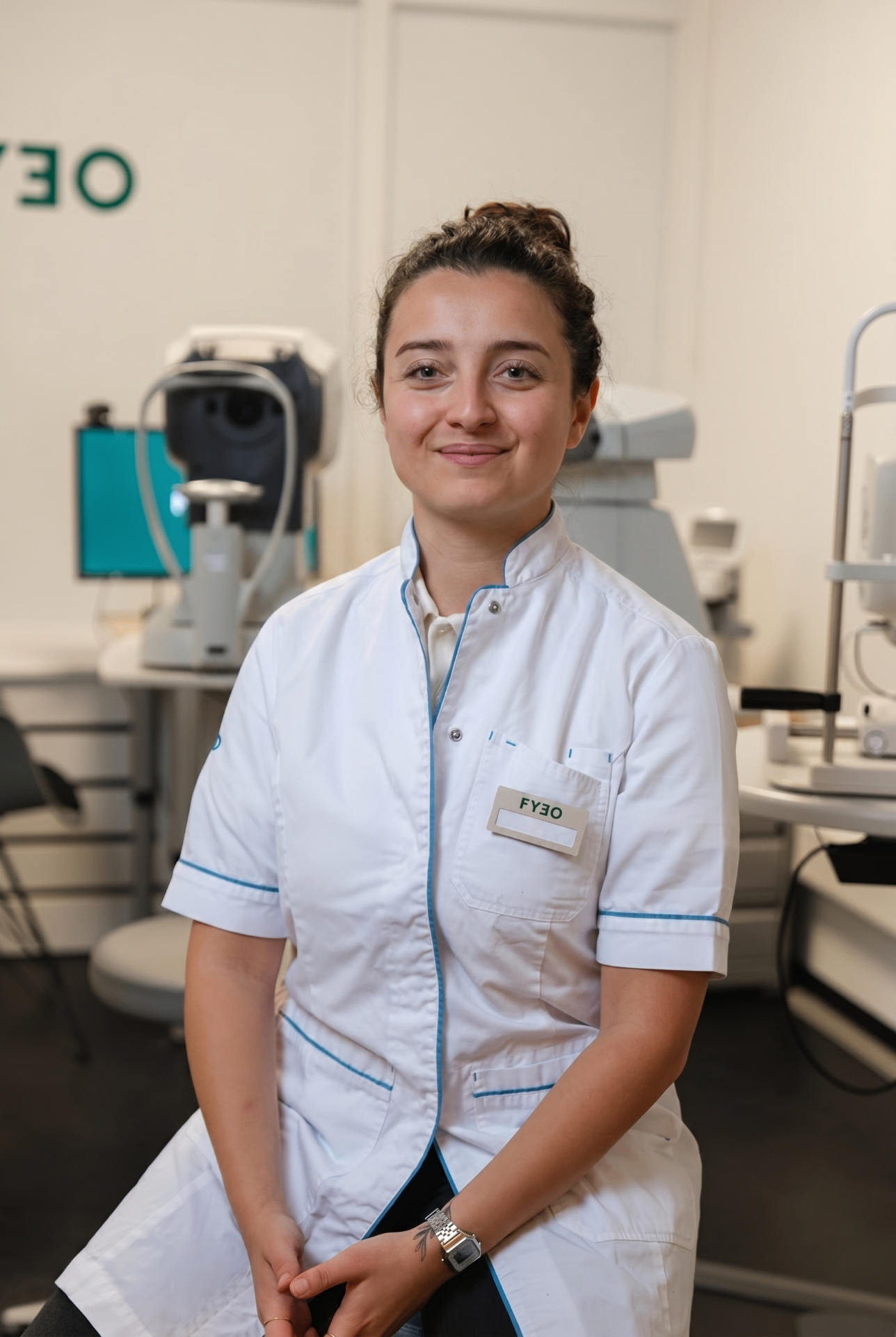 Optometrist in gesprek met cliënt bij FYEO